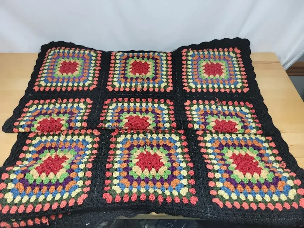 Vintage Black Granny Square Afghan Crochet Lap Blanket Throw Handmade 70x32
